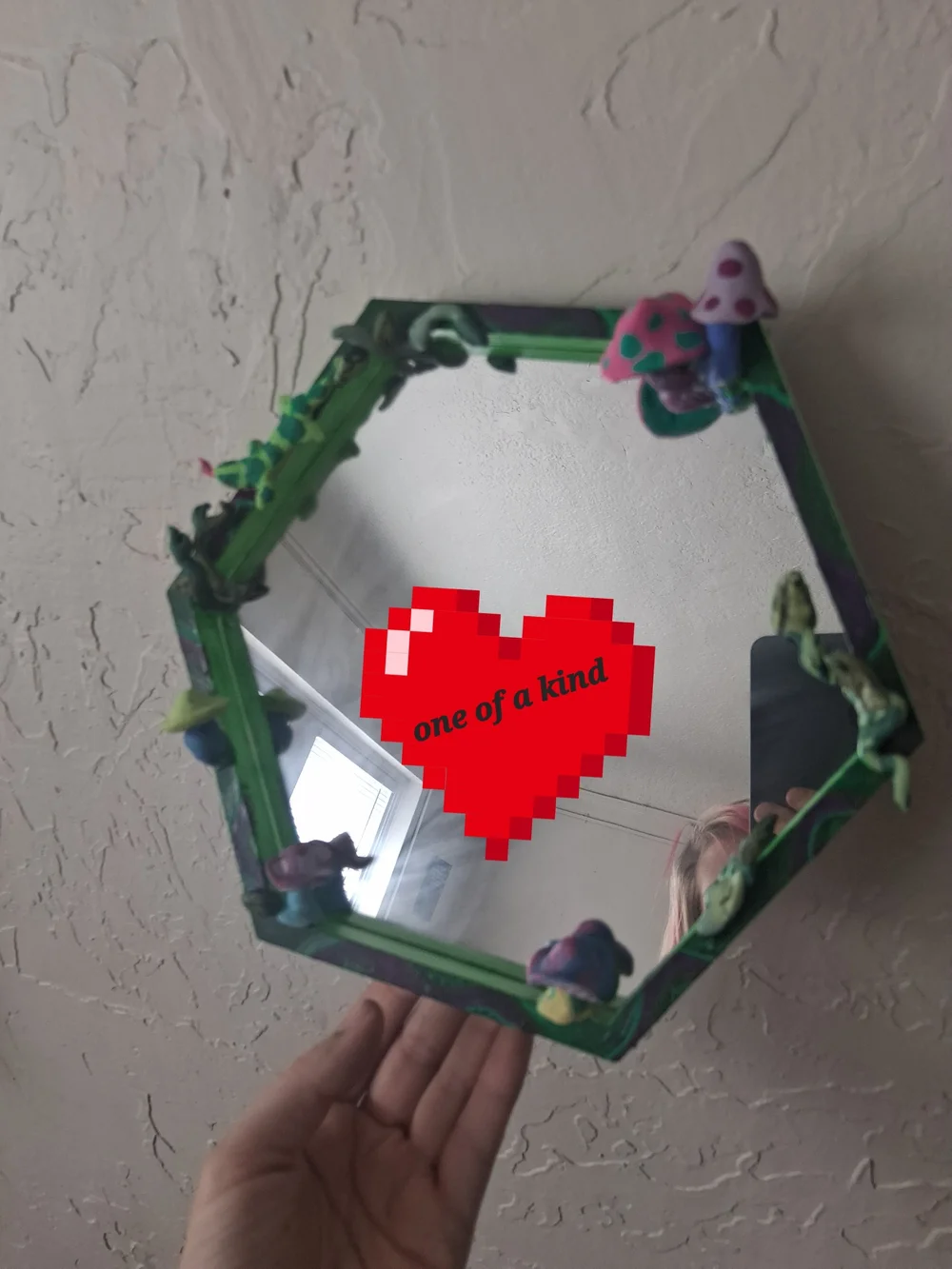 Handmade  One Of A Kind Green Hexagon Mushroom Mirror - Glowing Accent